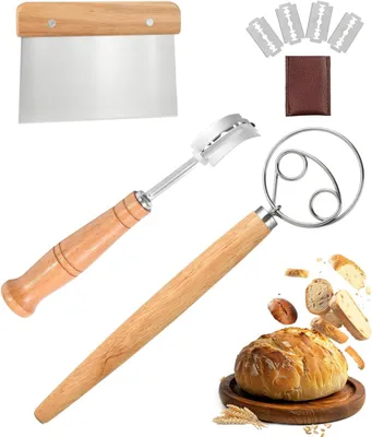 Produktbild von 3er-Set Teigbesen - Teigkarte - Teigmesser, 33 cm Teigrührer aus Edelstahl mit Eichenholzgriff, mit 5 Klingen und Aufbewahrungstasche,  für Brotformge