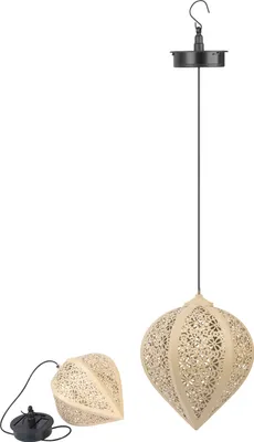 A beige lantern-shaped lamp is shown hanging, with another lamp of the same design lying on its side.