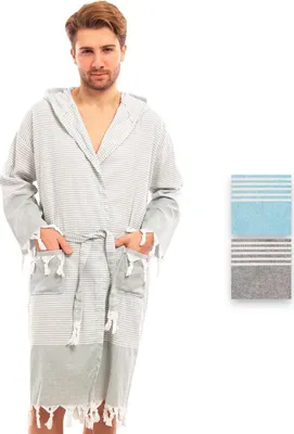 Produktbild von Bademantel Damen & Herren Uni – Weich & Leicht Langform, 100% Baumwolle, mit Kapuze, & Gürtel, Hamamtuch-Stil mit Taschen – Ideal für Sauna_Khaki