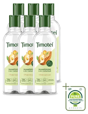 Zdjęcie produktu dla 6 butelek szamponu 2w1 Timotei z olejem migdałowym, przeznaczony do wszystkich rodzajów włosów, pojemność 300 ml - opakowanie zbiorcze - 6 sztuk