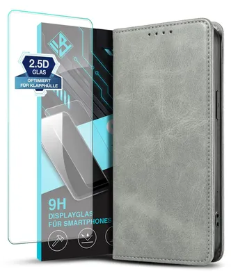 Produktbild von Handyhülle für Apple iPhone 15 mit 9H Displayglas Kunstleder Flip Cover Hülle Handytasche Case Kartenfach Farbe: Grau