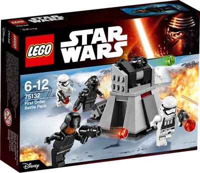The image shows the packaging of a LEGO Star Wars First Order Battle Pack, featuring minifigures and a small battle station.