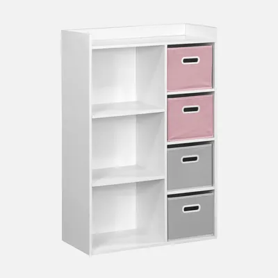 A white shelving unit with pink and gray storage boxes.
