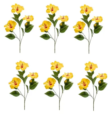 Produktbild von 6er Set künstliche Hibiskuszweige mit 3 Blüten gelb H. 82cm Emerald Kunstblumen