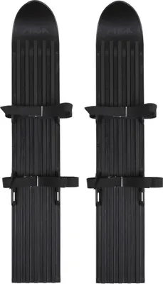 A pair of black snow skis for children, shown from a top-down perspective against a white background.
