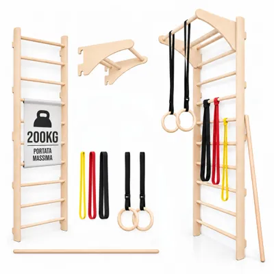 Immagine prodotto di MAMOI Spalliera fitness con barra trazioni, anelli Ringo, elastici di resistenza e bastone stretching per allenamento total body