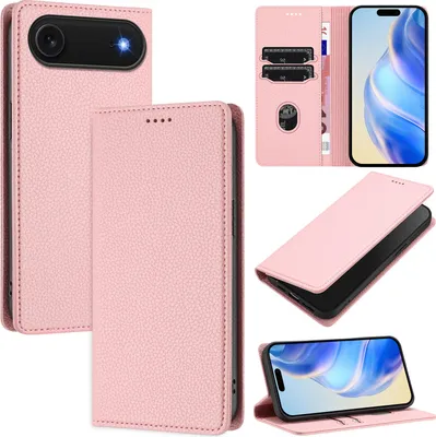 Produktbild von Litchi Leder Handyhülle für iPhone Air Wallet Kartenfächer Standfunktion Hülle Pink