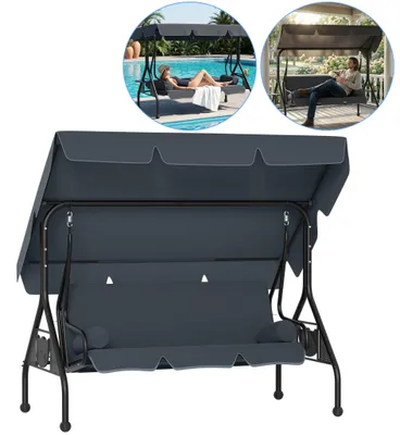 Image de Balançoire de jardin CEEDIR 3 places avec fonction d'inclinaison, balançoire de jardin avec auvent, 2 coussins, 2 tablettes, structure en acier pouvant supporter jusqu'à 350 kg, gris