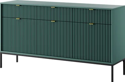A green sideboard with gold handles and black legs, shown against a white background.