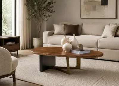 Image de Table basse ovale en bois massif, design moderne, idéale pour le salon