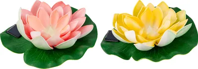 Two solar-powered LED lotus flowers, one pink and one yellow, resting on green leaves.