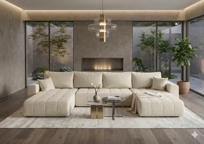 Image de Canapé d’angle LARA U beige velours Monolith 2 - fonction couchage, coffre de rangement pour la literie