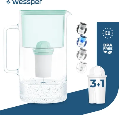 Image de Wessper Carafe filtrante en verre 3 L Menthe Compatible avec les cartouches filtrantes Brita Classic | 4 cartouches filtrantes incluses