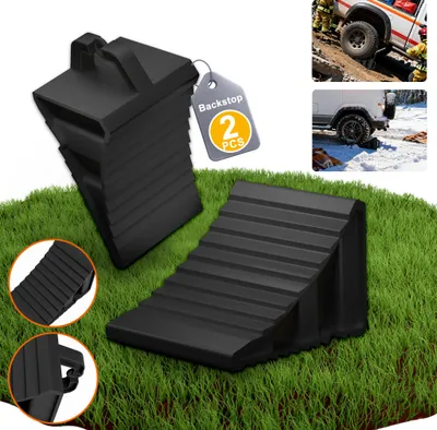Image de UISEBRT Cales de roue, set de 2, noir, robustes cales de roue antidérapantes en plastique PP avec poignée, pour voiture, remorque, camping-car, caravane, camion, arrêt de pneu