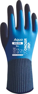 Productafbeelding van Wonder Grip Aqua WG-318 latex handschoenen, maat L, verpakking van 9 stuks, waterafstotend. (Retail)