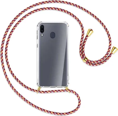 Produktbild von Handykette Backcover-Schutzhülle mit Band (Metall goldfarben) für Samsung Galaxy M20 - weinrot/gelb/grau