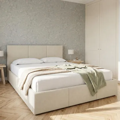 Obrázek produktu pro Postel Collective Bett, dvojlůžko, čalouněná postel, rám postele s roštem a úložným prostorem (zásuvka), čelo postele se 3 panely, měkký samet, rozměry 180x200 cm, barva béžová, productTiles.product.images.aiGenerated