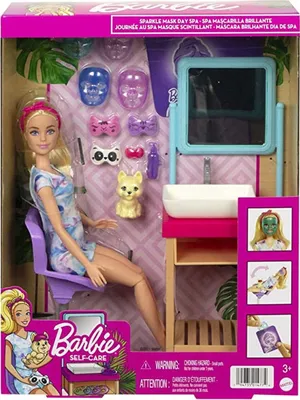 Image de Barbie Masques faciaux scintillants Set de jeu Journée Bien-être, poupée blonde Barbie, 7 masques de bien-être, lavabo, miroir, chaise, plus de 15 accessoires au total, 3 à 7 ans