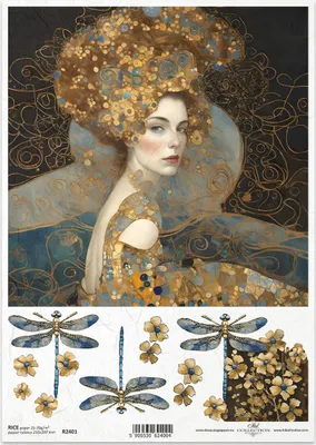 Immagine prodotto di ITD Carta di riso Decoupage Artigianato Carta tovagliolo Tecnica-R2401 Donna Libellula Fiori - Ispirato a Klimt