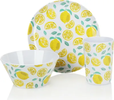 Produktbild von COM-FOUR® 3-teiliges Geschirr-Set - wiederverwendbares Mehrweggeschirr aus Melamin - Becher, Schüssel und Teller mit sommerlichem Design