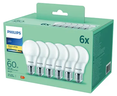 Immagine prodotto di Lampadine LED Philips, 8W, attacco E27, finitura opaca, confezione da 6, 806 lumen, 2700K, sostituiscono lampadine da 60W