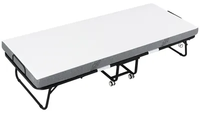 Image de Lit rabattable - Lit d'appoint pliable pour adultes - 80 x 200 cm - Matelas en mousse de 10 cm - Structure en acier - Roulettes - Capacité de charge jusqu'à 150 kg