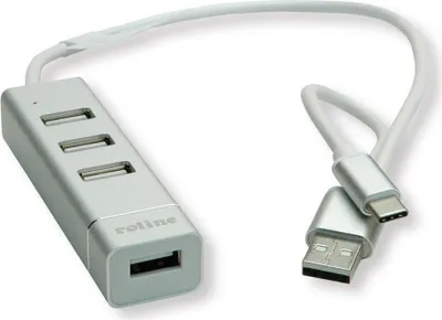 Produktbild von ROLINE USB 2.0 Notebook Hub, 4 Ports, Typ A+C Anschlusskabel
