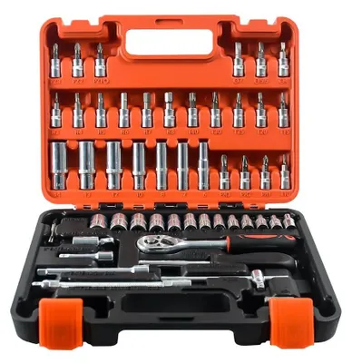 Image de Coffre à outils pour voiture - Jeu de douilles 53 pièces - Emmanchement carré de 0,64 cm - Clé à cliquet et douilles - Pour la réparation automobile - Blanc
