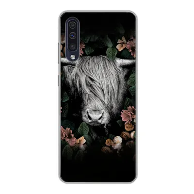 Produktbild von MuchoWow® Handyhülle Schutzhülle Hülle für Samsung Galaxy A30s Schottischer Highlander - Blumen - Rosa Silikon Softcase Handy Hülle - Karteninhaber