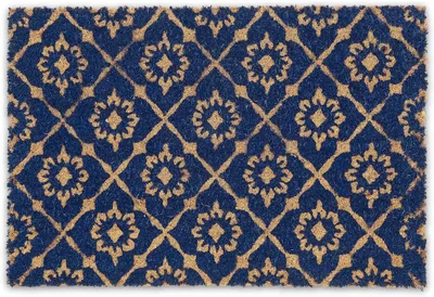 Image de Paillasson en fibres de coco - 60 x 40 cm - Antidérapant - Résistant aux intempéries - Paillasson en fibres de coco avec motif floral - Intérieur - Extérieur - Bleu - Naturel