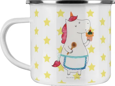 Produktbild von Mr. & Mrs. Panda Teetasse Einhorn Küche - Weiß - Geschenk, Haferl, Einhörner, Emaille Becher, Backen, Unicorn, Tasse, Torte, Koch, Kaffeepott, Pott, Motivation, Kuchen