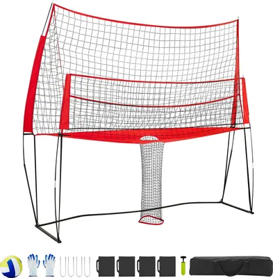 Produktbild von SucceBuy 2-in-1 Volleyball-Trainingsnetz mit höhenverstellbarer Übungsausrüstung (1,98-2,04 m), Ballrücklauf und tragbarer Netzstation, ideal für Innen- und Außenbereiche, einfache Montage