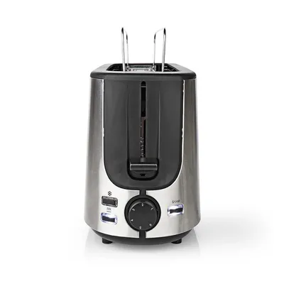A silver and black toaster with a black control knob and two illuminated buttons, displayed on a white background.