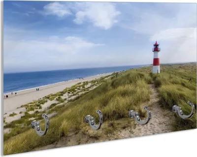 Produktbild von Wallario Schlüsselbrett aus Glas, Motiv: Am Strand von Sylt  Leuchtturm auf der Düne  Panorama, 30 x 20 cm mit 4 Haken
