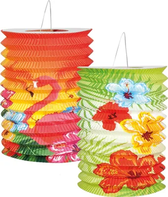 Two colorful paper lanterns with floral and leaf patterns.