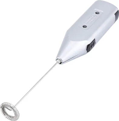A silver and black handheld electric whisk with a metal whisk attachment, isolated on a white background.