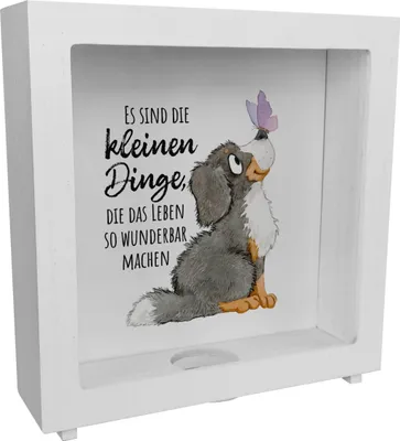 Produktbild von Hund Rahmen Spardose aus Holz mit Spruch Die kleinen Dinge machen das Leben so