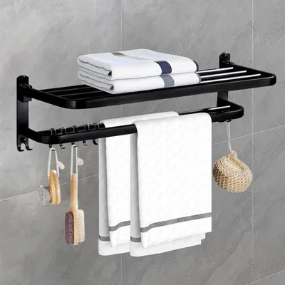 Image de Porte-serviettes de salle de bain à fixation murale, pliable, en acier inoxydable avec crochets, pour la salle de bain