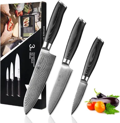 Santokumesser-Set 3-teilig, VG10 Damaststahl, Micarta-Griff, Geschenkbox
