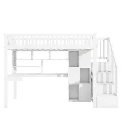 Produktbild von Flieks Etagenbett 90x200cm mit Schreibtisch & Regal, Hochbett mit LED & Schrank, Kinderbett Jugendbett mit Schubladen, Stockbett Einzelbett Weiß