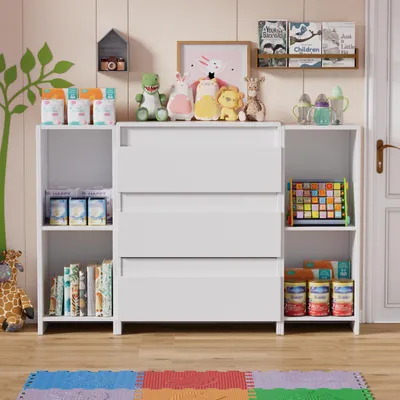 Produktbild von TWSOUL Wickelkommode 2-in-1 Wickelkommode mit abnehmbarem Wickelaufsatz Kommode mit 3 Schubladen & 6 Regalfächern,weiß