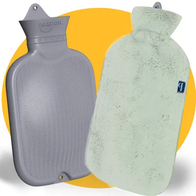 Two hot water bottles are shown against a yellow circular background.