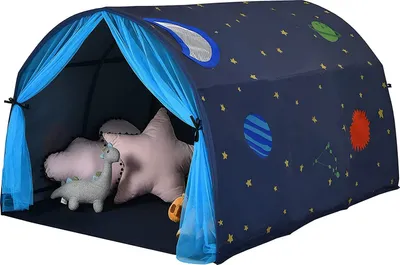 A children's play tent with a space theme, featuring planets and stars, is shown with plush toys inside.