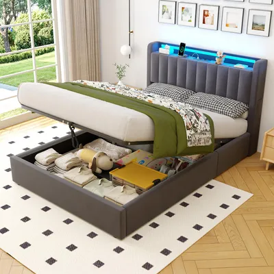 Obrázek produktu pro MODFU Čalouněná postel 140 × 200 Dětská postel s LED světlem a zásuvkami, Boxspring postel s úložným prostorem, šedá (bez matrace)