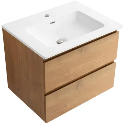 Productafbeelding van CERANO - Badkamerkast Carole - notenhoutkleur + keramische wastafel Novo - wit, glanzend - 61x49,5x46,5 cm