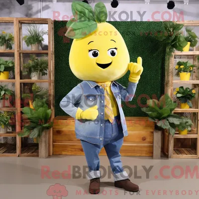 Immagine prodotto di Personaggio mascotte REDBROKOLY di una barbabietola giallo limone vestita con una camicia di jeans e un papillon