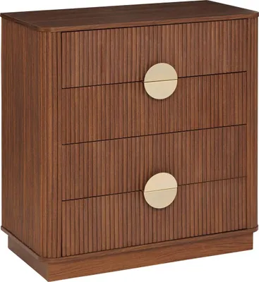 A brown wooden dresser with gold circular handles against a white background.