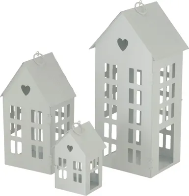 Produktbild von 3er Set Laterne in Hausform 35 / 24 / 13 cm - weiß - Deko Lampion Außen Innen - Kerzenhalter Windlicht Haus
