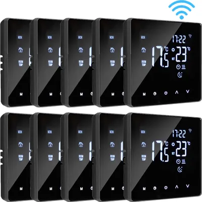 A collection of smart thermostats arranged in a grid.