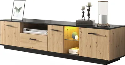 Image de Fortuna Lai Lowboard Armoire TV (éclairage LED et design bicolore), avec 3 portes, tiroirs et 2 compartiments ouverts, largeur 180 cm